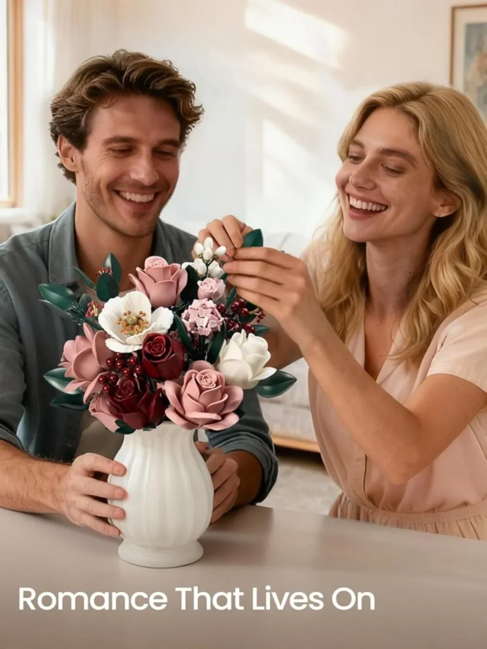 Pink Roses Flower Bouquet Building Set - Artificial Floral Decor for Home